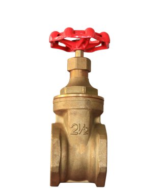 Kırmızı düğme eski beyaz arka plan ve kırpma yolu izole bir fabrika tesisatçı ile Pirinç vana