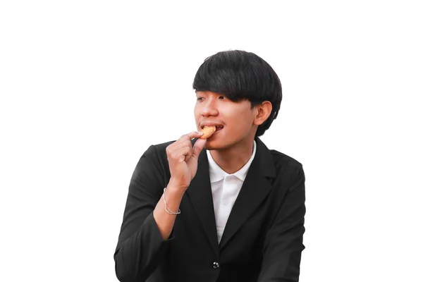 Jonge Knappe Man Eet Kleine Stukjes Van Cookie Witte Achtergrond — Stockfoto