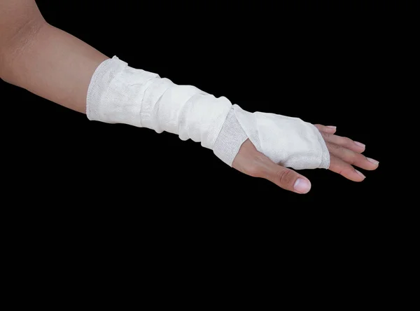 Gaze Paciente Bandagem Com Lesão Envoltório Mão Isolado Fundo Preto — Fotografia de Stock