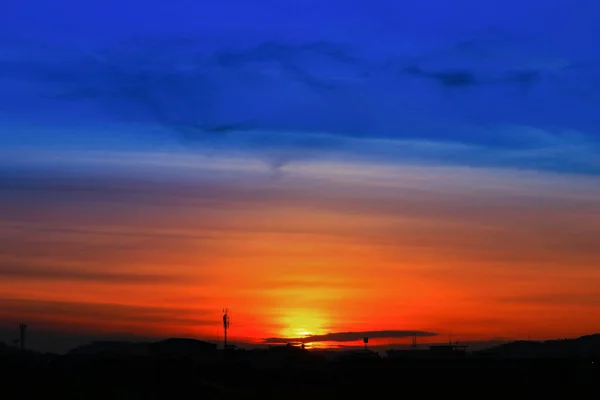 Puesta Del Sol Hermoso Paisaje Colorido Cielo Azul Noche Naturaleza — Foto de Stock