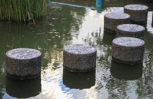 Passarela Pedra Através Piscina Parque Público Selecione Foco Com Profundidade — Fotografia de Stock