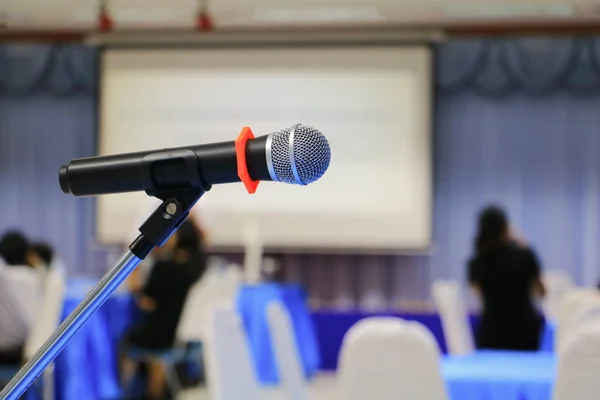 Microphone Conference Hall Seminar Room Blurred Background Select Focus Shallow — стоковое фото
