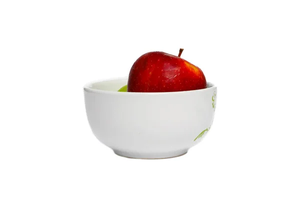 Jabłko Czerwony Misce Wody Kapać Białym Tle — Zdjęcie stockowe