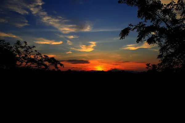 Ηλιοβασίλεμα Όμορφο Πολύχρωμο Τοπίο Και Σιλουέτα Δέντρο Στον Ουρανό Λυκόφως — Φωτογραφία Αρχείου