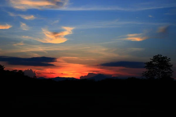 Solnedgången Vackra Och Silhouette Mountain Tree Skogsmark Färgstarka Landskap Sky — Stockfoto