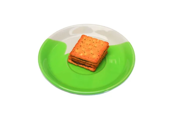 Galletas Pan Cuadrado Plato Sobre Fondo Blanco — Foto de Stock