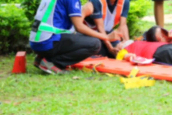 Borrosa Del Servicio Médico Emergencia Paramédico Está Tirando Camilla Con —  Fotos de Stock