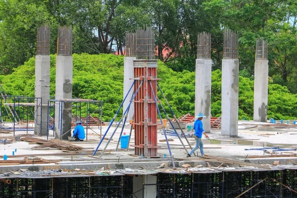 Equipe Trabalhadores Construção Civil Que Trabalha Local Trabalho Comercial Edifício — Fotografia de Stock