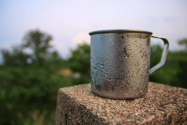 Glas Aus Rostfreiem Kaltem Wasser Tropft Hintergrund Der Natur — Stockfoto