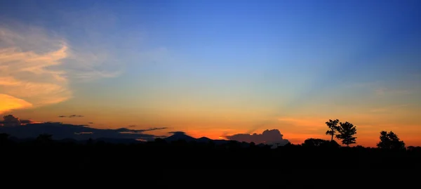 Panorama Sunset Vackra Färgstarka Landskap Och Siluett Träd Berg Sky — Stockfoto