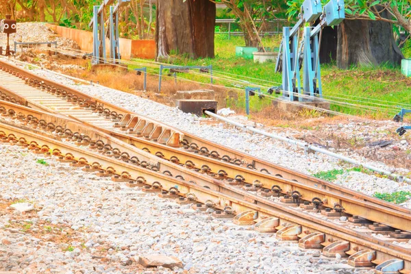 Bahngleis Auf Schotter Für Zugverkehr Bei Sonnenuntergang — Stockfoto