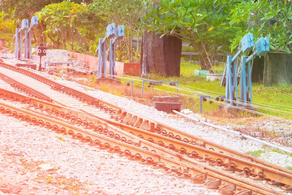 Bahngleis Auf Schotter Für Den Zugverkehr Und Handbetriebene Graue Weiche — Stockfoto