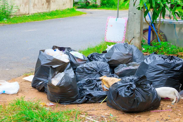 Pilha de lixo preto na beira da estrada e gotas de chuva no saco — Fotografia de Stock