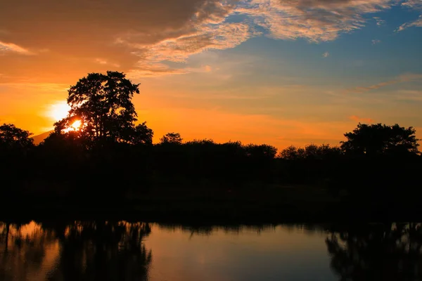 Pôr do sol no céu bela paisagem colorida silhueta árvore — Fotografia de Stock