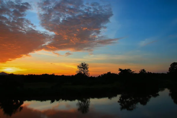 Gökyüzü günbatımı ağaç güzel renkli manzara siluet — Stok fotoğraf