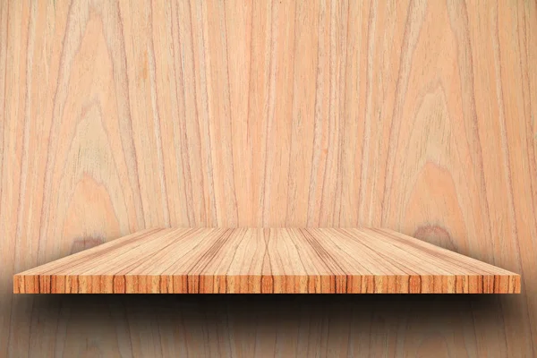 Lege bovenste houten planken en woody muur achtergrond. Voor product — Stockfoto