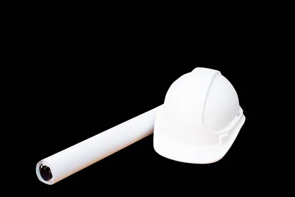 Capacete de segurança branco plano de rolo de plástico e papel — Fotografia de Stock