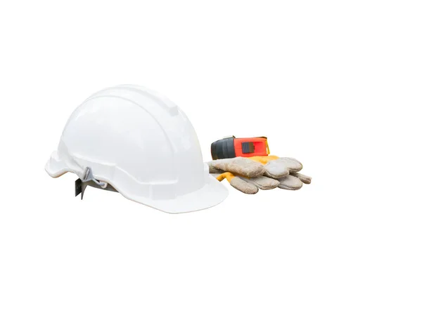 Helmet plastic white and glove leather, measuring tape safety — Stock Photo, Image