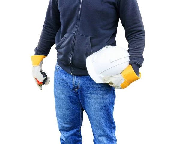 Mano del trabajador de ingeniería usar guantes que sostienen casco de seguridad blanco — Foto de Stock