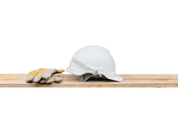 Helm plastic wit en lederen handschoen veiligheid apparatuur bouw — Stockfoto