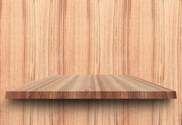 Lege bovenste houten planken en woody muur achtergrond. Voor product — Stockfoto