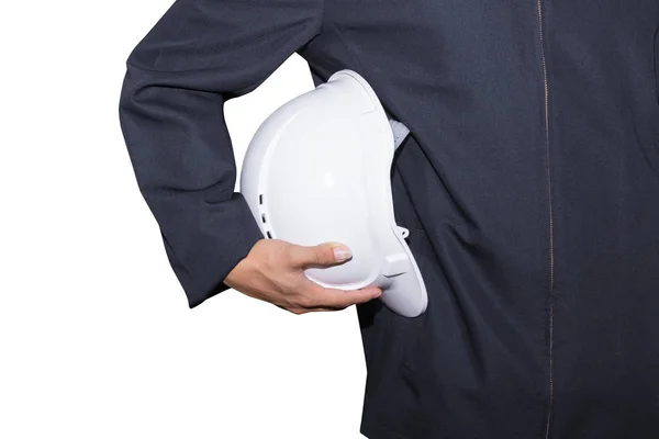 Mão do trabalhador de engenharia segurando plástico capacete de segurança branco . — Fotografia de Stock
