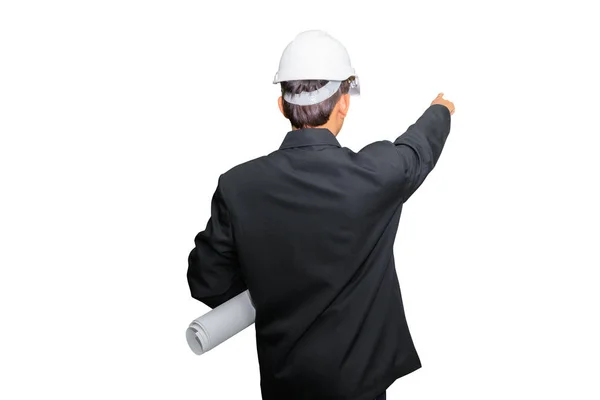 Mano de ingeniería sosteniendo plan de papel modelo y desgaste casco de seguridad blanco — Foto de Stock