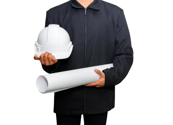 Hand of engineering holding paper plan blueprint with white safety helmet plastic — Stock Photo, Image