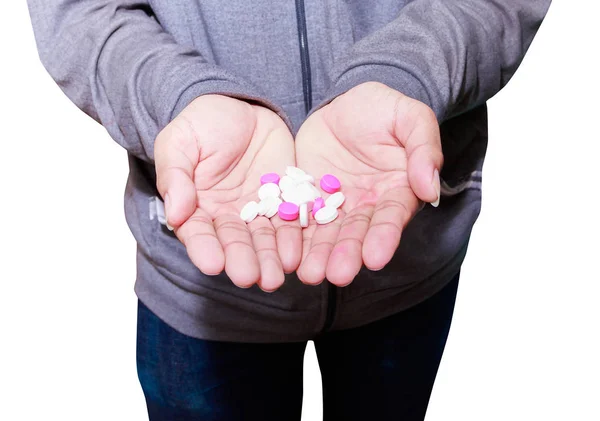 Pílulas na mão macho isolado no fundo branco — Fotografia de Stock