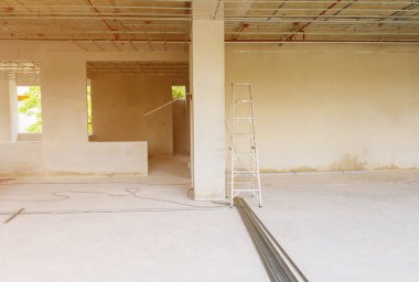 Working of metal frames structure  before installing gypsum boards interior Construction site