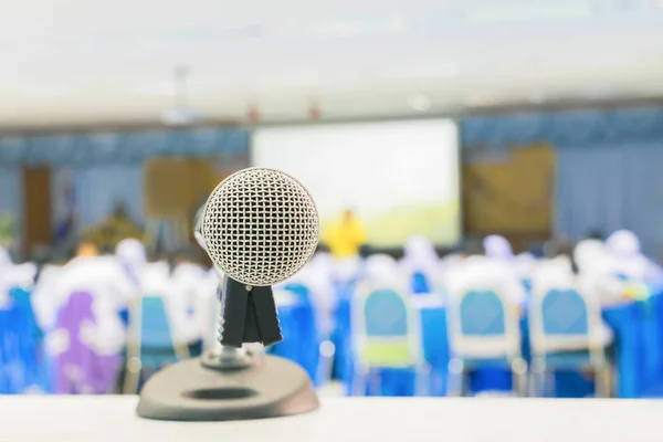 Close up microphone wireless Stand on white table in business conference interior