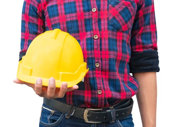 Ingénieur tenir casque de sécurité jaune concept de construction en plastique sur fond blanc — Photo