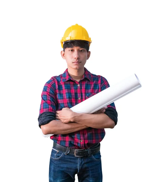 Engenheiro segurando plantas laminadas braço de construção cruz no fundo branco — Fotografia de Stock