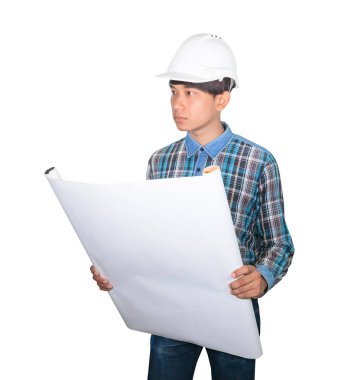 Tekstil tutan mühendislik beyaz arka planda inşaat teftiş