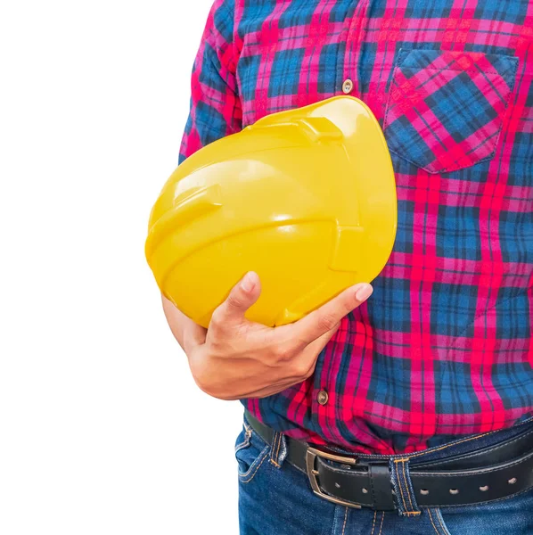 Ingénieur tenir casque de sécurité jaune concept de construction en plastique — Photo