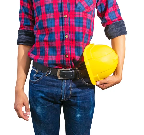 Engenheiro segurar amarelo capacete de segurança conceito de construção de plástico — Fotografia de Stock