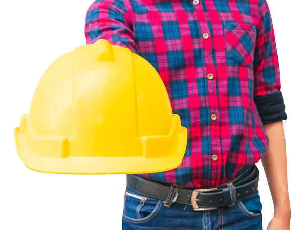 Engenheiro segurar amarelo capacete de segurança conceito de construção de plástico — Fotografia de Stock