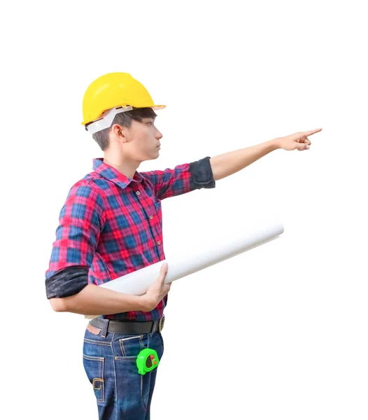 Engineer finger point with holding rolled blueprints inspect on white background — ストック写真