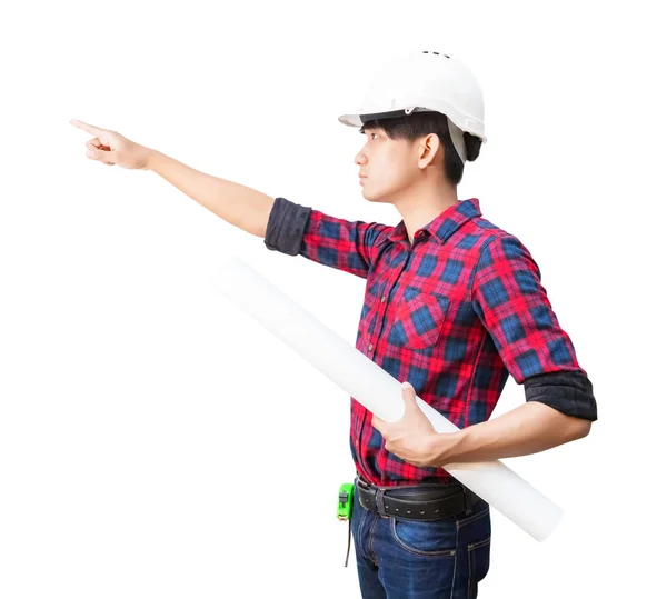 Engineer finger point with holding rolled blueprints inspect on white background — Stock fotografie