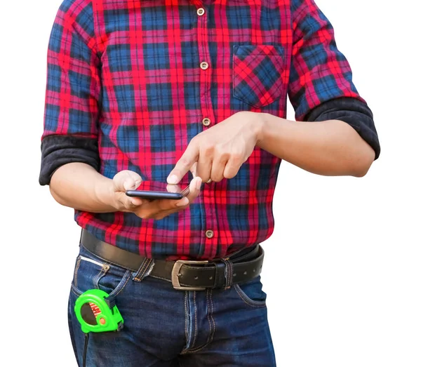 Hand of engineer holding cell phone on white background — Stock Photo, Image