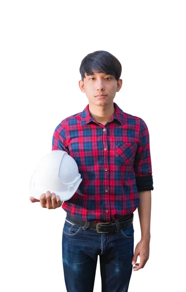 Ingénieur tenir casque de sécurité concept de construction en plastique — Photo