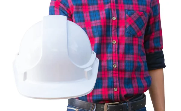 Ingeniero mantenga el casco de seguridad concepto de construcción de plástico — Foto de Stock