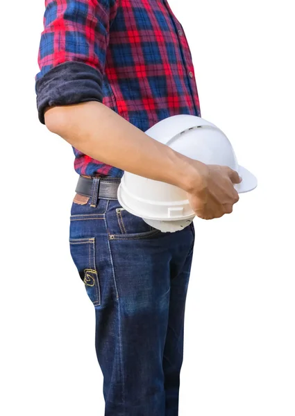 Ingeniero mantenga el casco de seguridad concepto de construcción de plástico — Foto de Stock