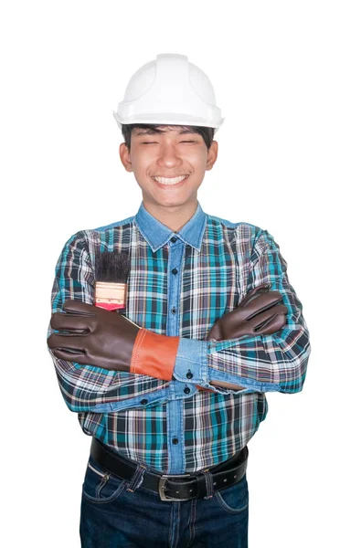 Mão cruz de engenheiro segurando pincel de pintura no fundo branco — Fotografia de Stock