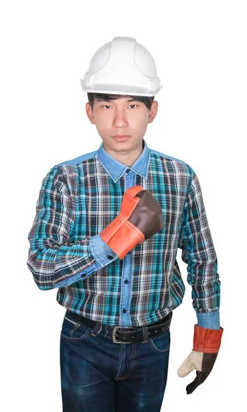 Инженерный кулак делает символ носить полосатую рубашку синего цвета и перчаточную кожу на белом фоне — стоковое фото