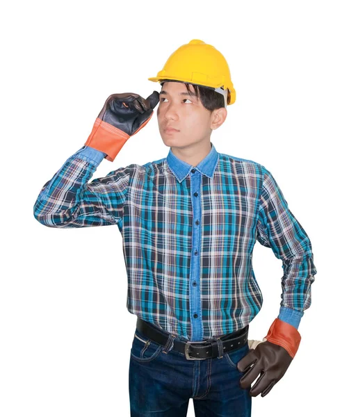 Engenheiro de construção homem pensando desgaste camisa listrada azul e luva de couro no fundo branco — Fotografia de Stock