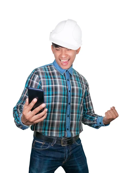 Ingeniero de negocios pensando comando con teléfono celular con red 5g en fondo blanco — Foto de Stock