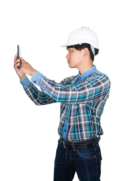 Engenheiro de negócios pensando comando com telefone celular com rede 5g Em fundo branco — Fotografia de Stock