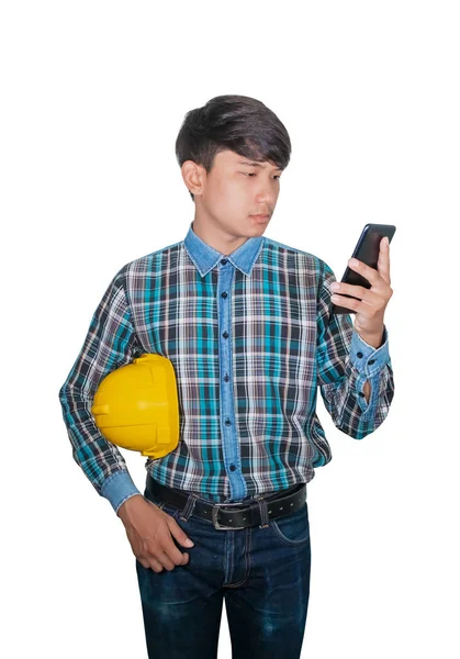 Biznesmen inżynier rozmowa polecenia z telefonem komórkowym z sieci 5g na białym tle — Zdjęcie stockowe