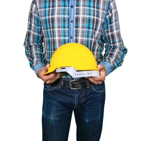 실업가 엔지니어 는 노란색 안전 헬멧 플라스틱 흰색 배경에 개최 — 스톡 사진